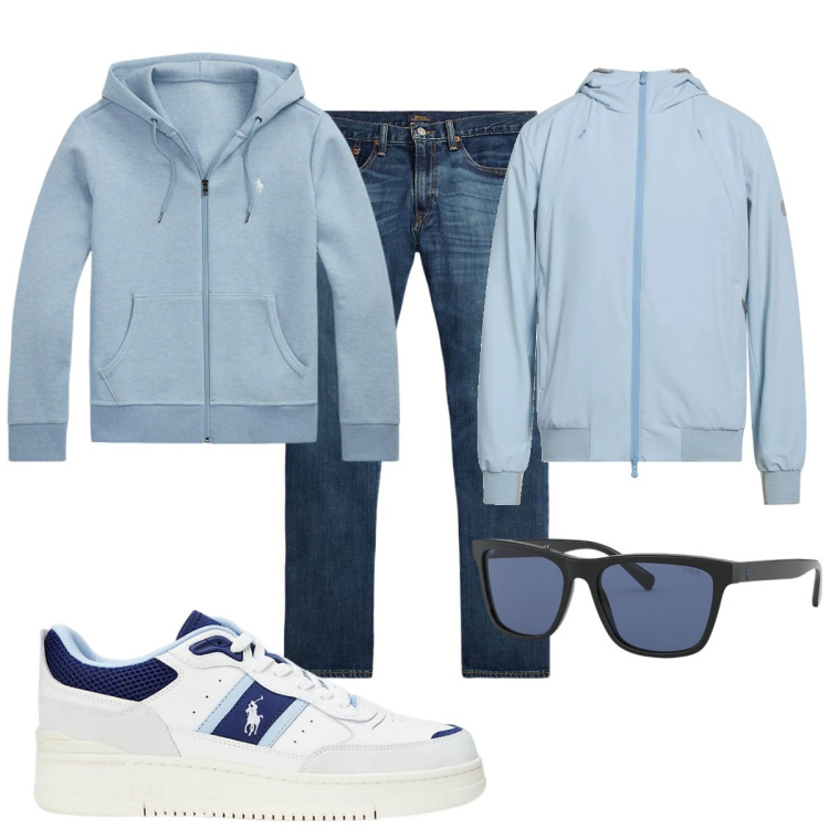 Outfit uomo - Total look #2061789. Stile Casual per Tutti i giorni. Abbinamento con giacche, jeans dritti, felpe, occhiali da sole, sneakers.