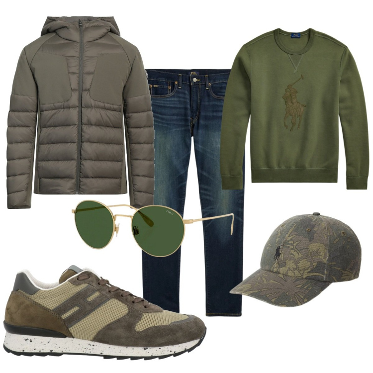 Outfit uomo - Total look #2061792. Stile Casual per Tutti i giorni. Abbinamento con piumini, sneakers, jeans, occhiali da sole, felpe, cappelli.