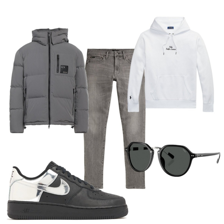 Outfit uomo - Total look #2061793. Stile Casual per Tutti i giorni. Abbinamento con piumini, occhiali da sole, felpe con cappuccio, jeans, sneakers.
