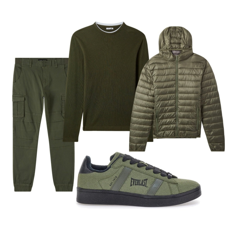 Outfit uomo - Total look #2061797. Stile Casual per Tutti i giorni. Abbinamento con piumini, pantaloni cargo, maglieria, sneakers.