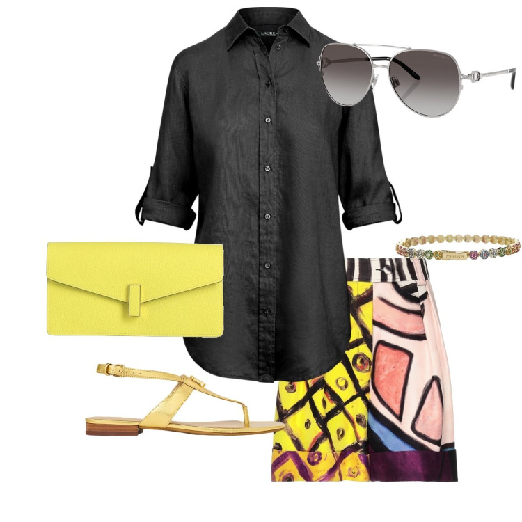 Outfit donna - Giallo estate. Stile Glamour per Mare. Abbinamento con shorts, borse a mano, braccialetti, occhiali da sole, camicie, sandali in pelle.