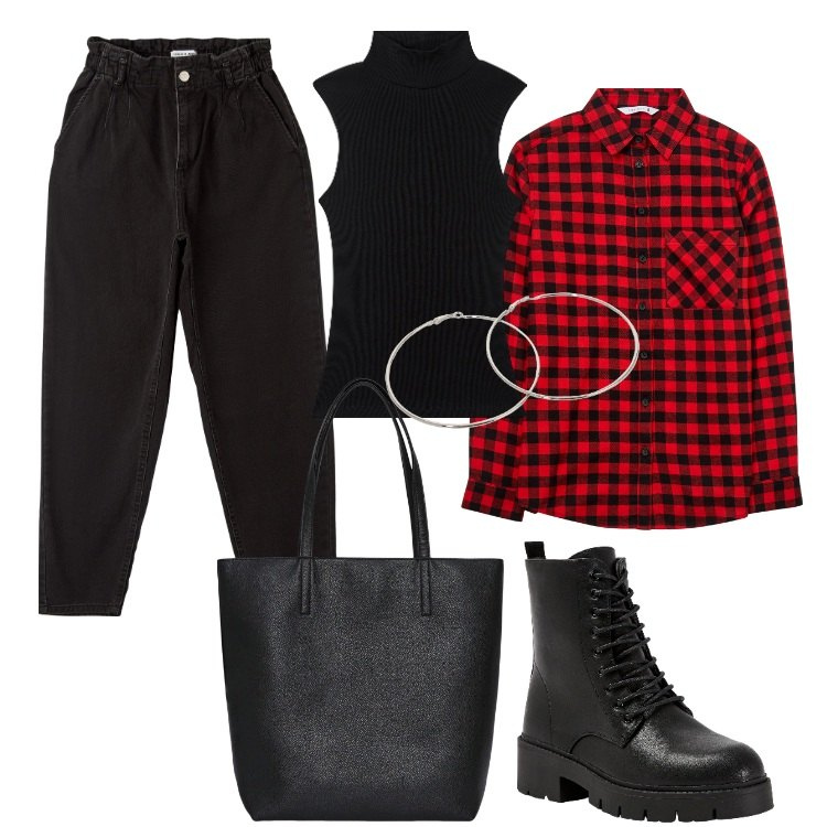 Outfit donna - Camicia a quadri. Stile Mannish per Tutti i giorni. Abbinamento con borse tote, anfibi, jeans, top, camicie, orecchini.