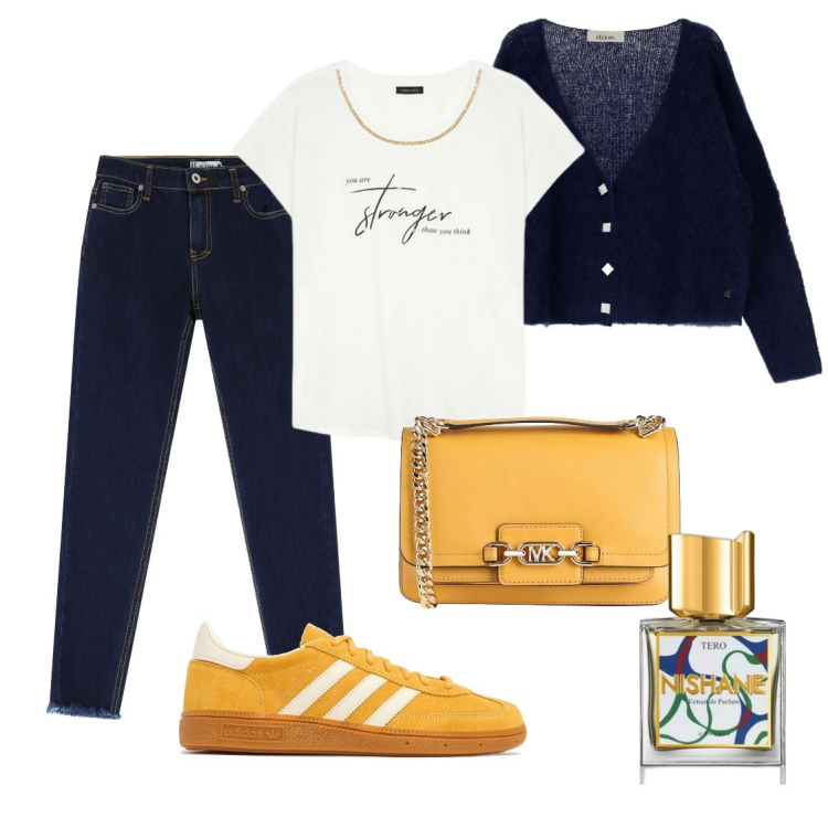 Outfit donna - Week end. Stile Casual per Tutti i giorni. Abbinamento con borse a spalla, profumi, jeans skinny, cardigans, t-shirt, sneakers.
