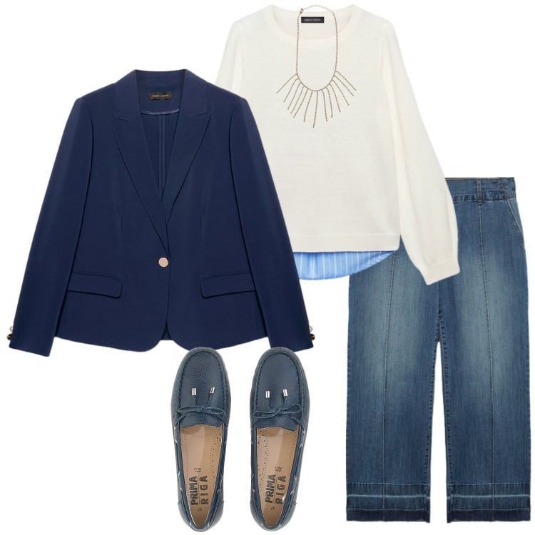 Outfit donna - In ufficio. Stile Urban per Ufficio. Abbinamento con collane, mocassini, jeans, maglieria, blazer.
