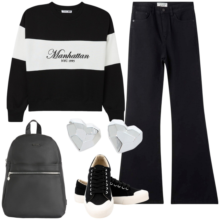 Outfit donna - Urban style. Stile Urban per Scuola/Università. Abbinamento con jeans a zampa, felpe, zaini, orecchini, sneakers.