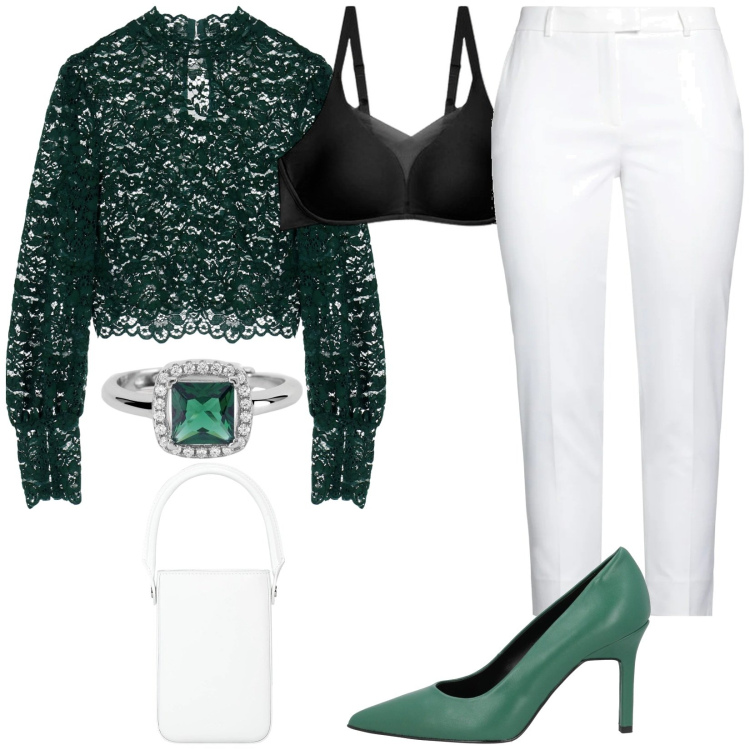 Outfit donna - Bianco e verde. Stile Casual chic per Tutti i giorni. Abbinamento con décolleté, pantaloni, borse a mano, anelli, camicie, reggiseni.