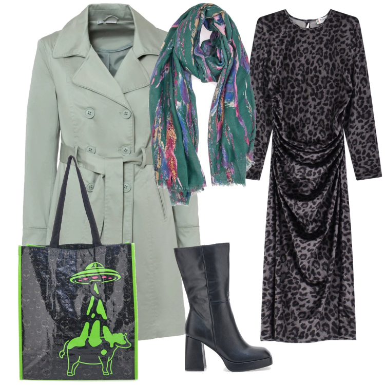 Outfit donna - Centro città pomeridiano. Stile Urban per Tutti i giorni. Abbinamento con trench, vestiti lunghi, foulard, stivali, shopping bag.