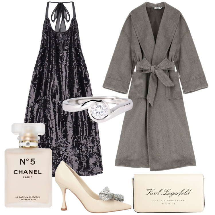 Outfit donna - Un San Valentino coi fiocchi. Stile Chic per Serata fuori. Abbinamento con décolleté, borse a mano, profumi, anelli, cappotti, vestiti corti.