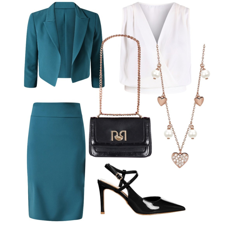 Outfit donna - In ottanio. Stile Bon Ton per Cerimonia. Abbinamento con collane, gonne, top, blazer, décolleté, borse a tracolla.