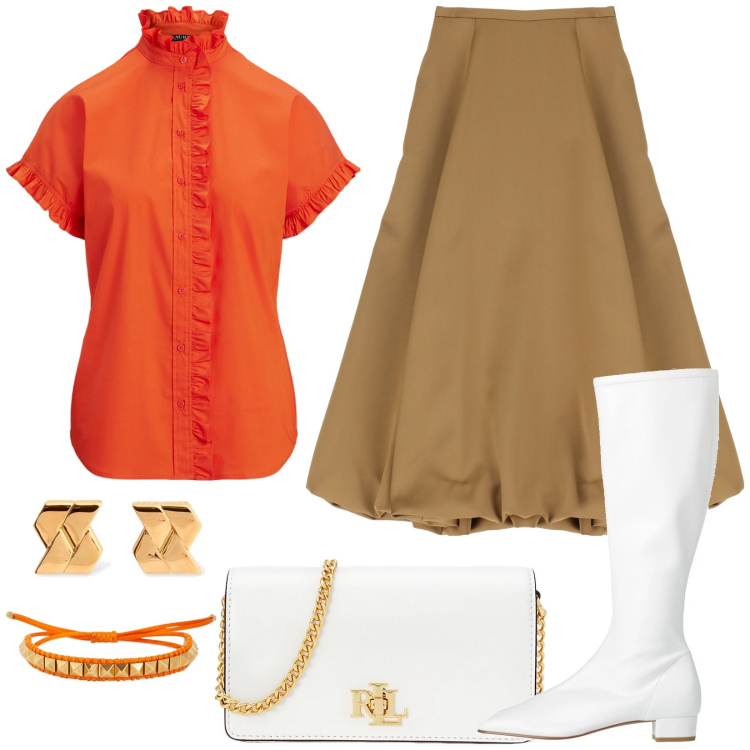 Outfit donna - Casual chic. Stile Casual chic per Tutti i giorni. Abbinamento con stivali, gonne longuette, borse a mano, camicie a manica corta, braccialetti, orecchini.