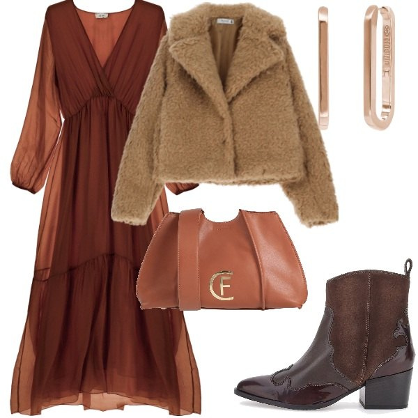 Outfit donna - Total look #2061863. Stile Trendy per Serata fuori. Abbinamento con borse a tracolla, orecchini, blazer, vestiti lunghi, stivaletti texani.