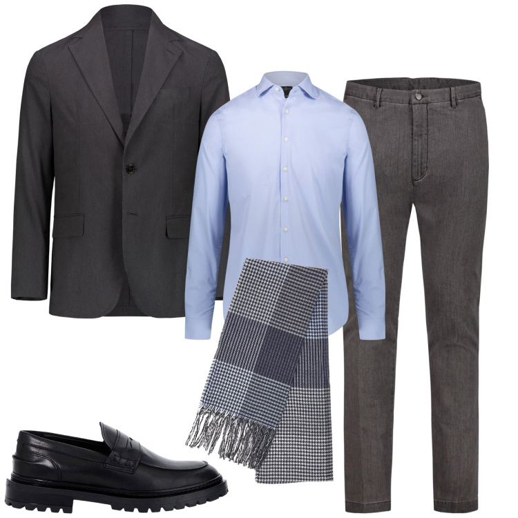Outfit uomo - City. Stile Business/Elegante per Tutti i giorni. Abbinamento con scarpe stringate, giacche, sciarpe, camicie, pantaloni.