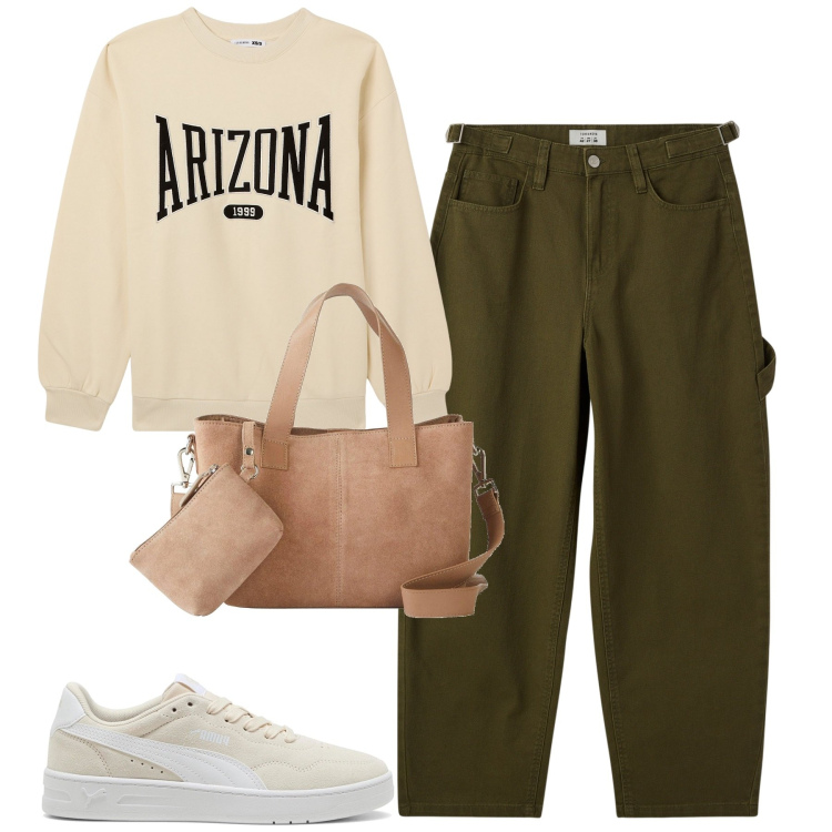 Outfit donna - City. Stile Casual per Tutti i giorni. Abbinamento con borse a mano, pantaloni, felpe, sneakers.