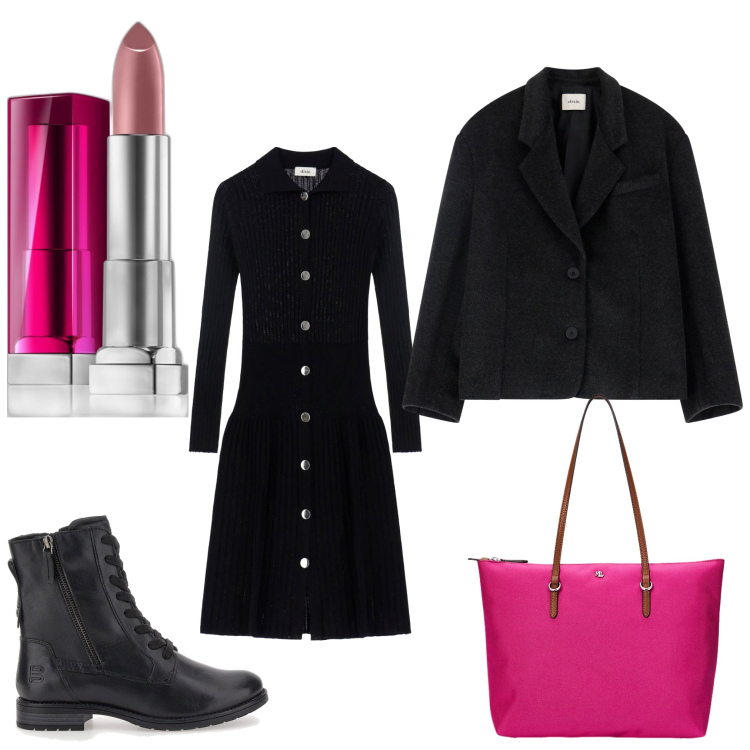 Outfit donna - Fucsia addicted. Stile Casual chic per Serata fuori. Abbinamento con rossetti, vestiti midi/longuette, blazer, borse tote, anfibi.