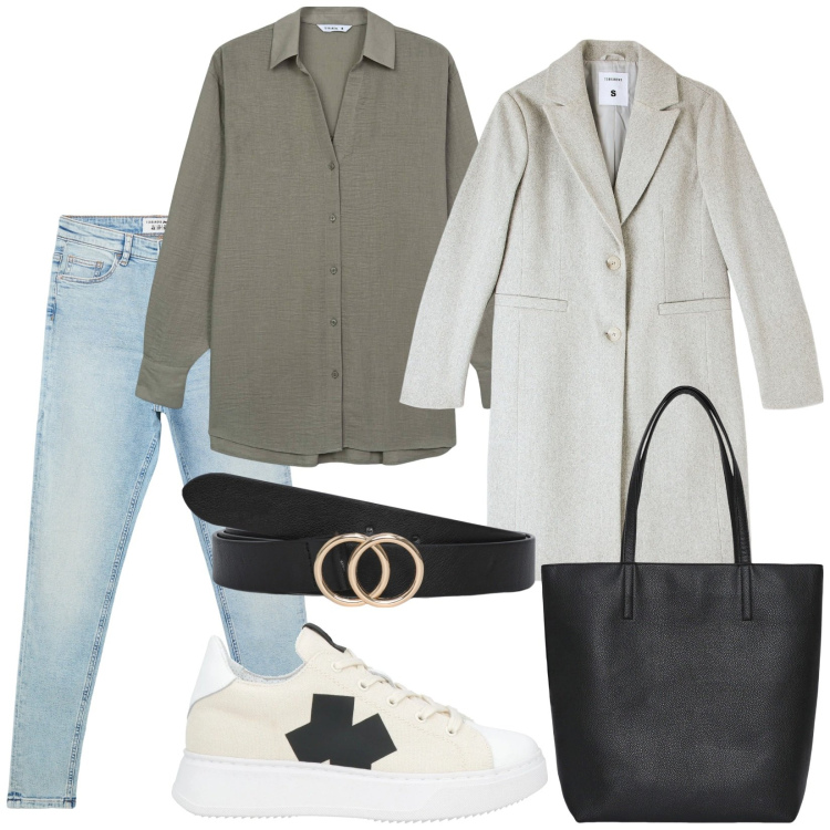 Outfit donna - Minimal quotidiano. Stile Minimal per Tutti i giorni. Abbinamento con sneakers, camicie, jeans skinny, borse tote, cappotti, cinture.