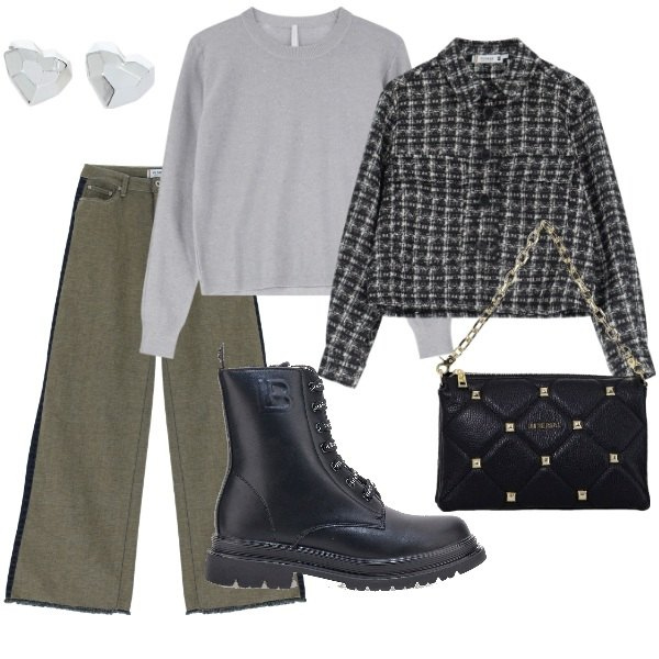 Outfit donna - A spasso per la città. Stile Trendy per Tutti i giorni. Abbinamento con jeans a zampa, cappotti, orecchini, maglieria, borse a spalla, anfibi.