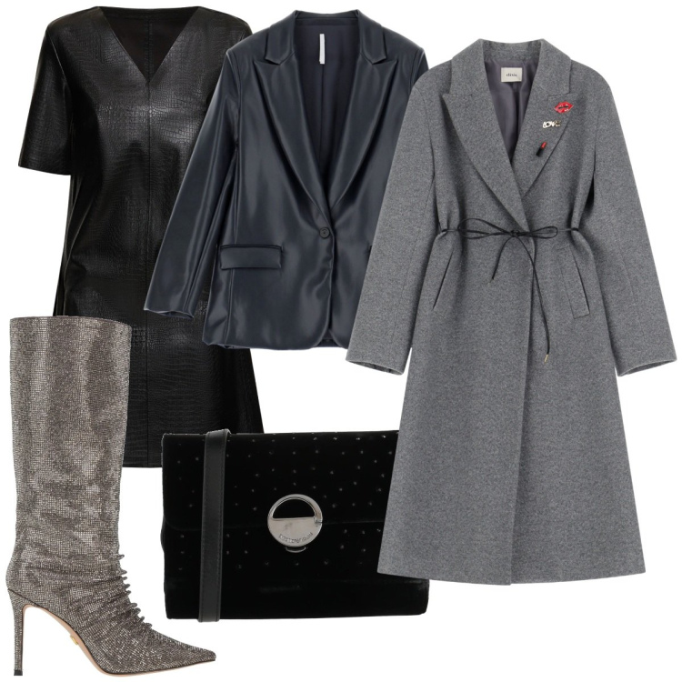 Outfit donna - Seratissima trendy. Stile Urban per Serata fuori. Abbinamento con stivali, borse a tracolla, blazer, cappotti, vestiti.