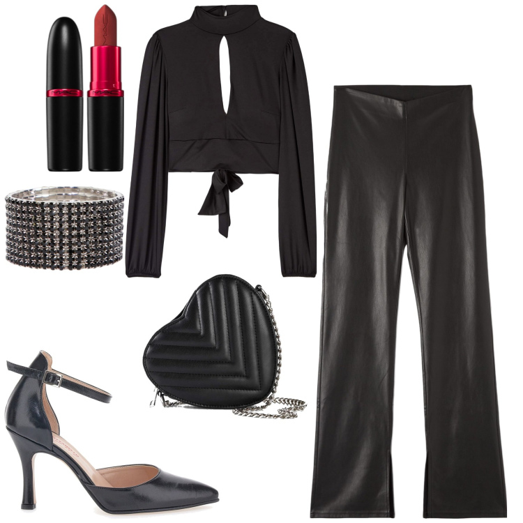 Outfit donna - Serata. Stile Trendy per Serata fuori. Abbinamento con borse a tracolla, rossetti, t-shirt, pantaloni, braccialetti, décolleté.