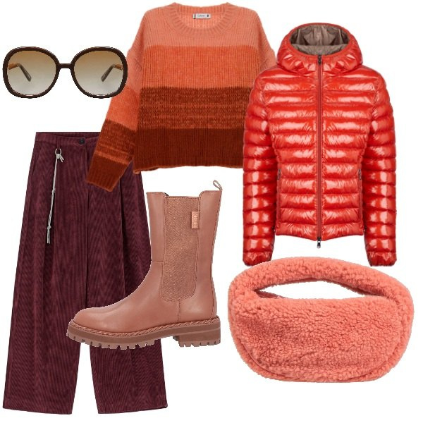 Outfit donna - A spasso per la città. Stile Trendy per Tutti i giorni. Abbinamento con stivaletti, borse a mano, occhiali da sole, maglieria, pantaloni a palazzo, blazer.