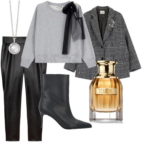 Outfit donna - Serata fuori. Stile Glamour per Serata fuori. Abbinamento con profumi, stivaletti, collane, felpe, blazer, leggings.