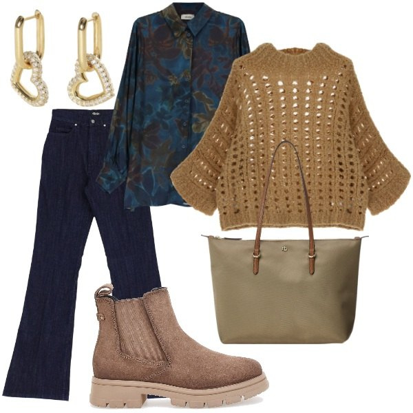 Outfit donna - A spasso per la città. Stile Trendy per Tutti i giorni. Abbinamento con orecchini, camicie, pullovers, jeans, borse tote, stivaletti chelsea.