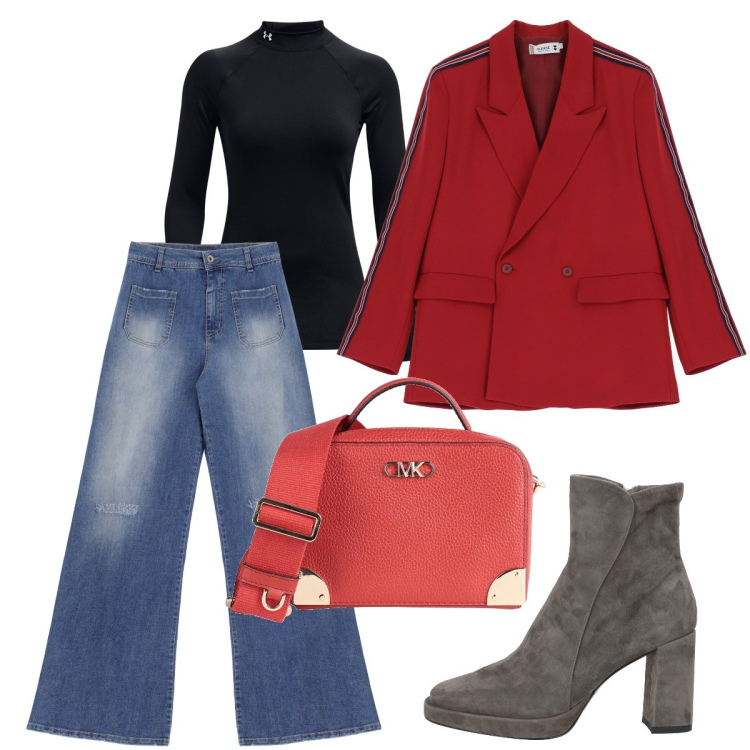 Outfit donna - La giacca rossa. Stile Casual chic per Tutti i giorni. Abbinamento con borse a tracolla, stivaletti, jeans, blazer, pullovers.