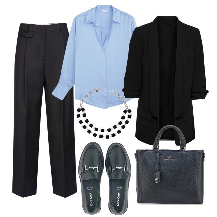Outfit donna - Ufficio classico. Stile Mannish per Ufficio. Abbinamento con blazer, camicie, collane, mocassini, pantaloni, borse a tracolla.