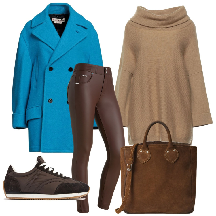 Outfit donna - Il caban azzurro. Stile Casual chic per Tutti i giorni. Abbinamento con maglieria, cappotti, pantaloni skinny, borse tote, sneakers.