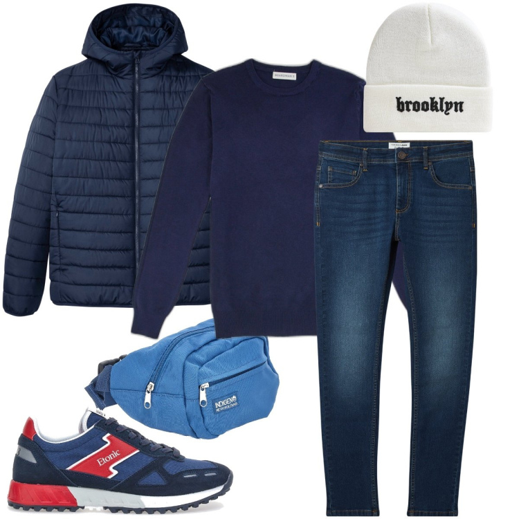 Outfit uomo - Outfit blu. Stile Casual per Tutti i giorni. Abbinamento con giacche, jeans skinny, berretti, borse sportive, sneakers, pullovers.