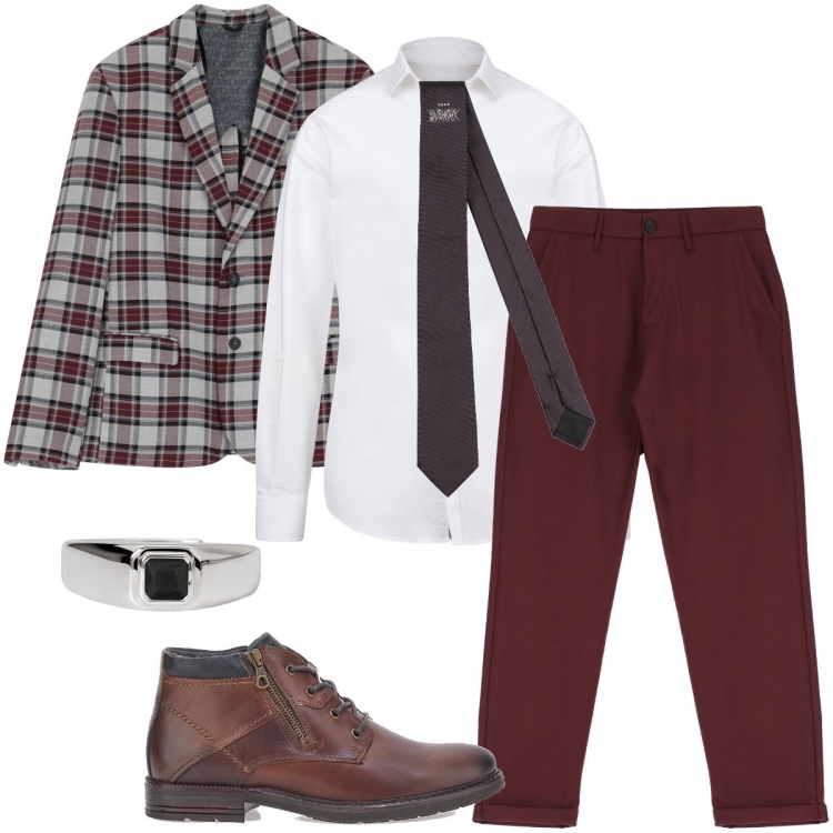 Outfit uomo - Toni bordeaux. Stile Business/Elegante per Ufficio. Abbinamento con cravatte, anelli, pantaloni, giacche, scarpe stringate, camicie.