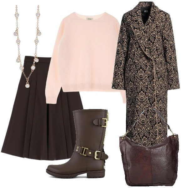 Outfit donna - Domenica mattina. Stile Glamour per Tutti i giorni. Abbinamento con borse a spalla, cappotti, collane, pantaloni, pullovers, stivali.