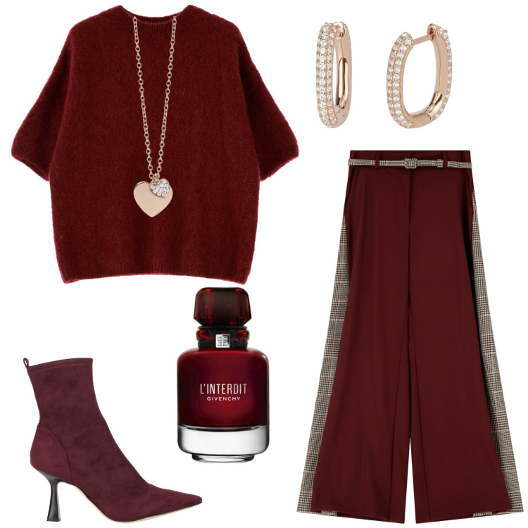 Outfit donna - Total look #2061931. Stile Chic per Serata fuori. Abbinamento con stivaletti, profumi, orecchini, ciondoli, pantaloni, maglieria.