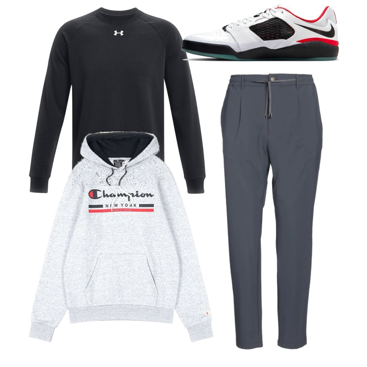 Outfit uomo - City. Stile Urban per Tutti i giorni. Abbinamento con pantaloni, felpe con cappuccio, sneakers, felpe.