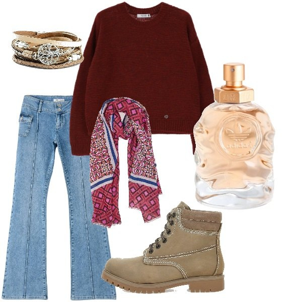 Outfit donna - A spasso per la città. Stile Basic per Tutti i giorni. Abbinamento con braccialetti, profumi, jeans a zampa, pullovers, stivaletti, foulard.