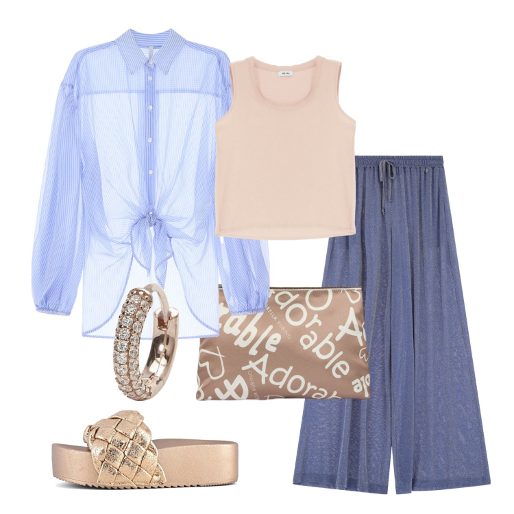 Outfit donna - Contrasto trendy!. Stile Casual per Tutti i giorni. Abbinamento con orecchini, camicie, pantaloni, canottiere, sandali, pochette.