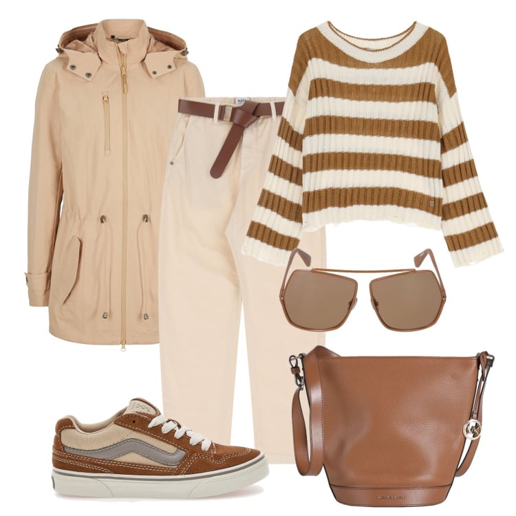 Outfit donna - Parka e maglia effetto destroyed. Stile Urban per Tutti i giorni. Abbinamento con borse a spalla, parka, maglieria, pantaloni chino, sneakers, occhiali da sole.