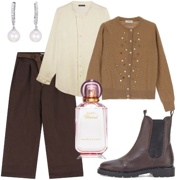 Outfit donna - Total look #2061949. Stile Casual chic per Ufficio. Abbinamento con profumi, orecchini, cardigans, pantaloni chino, stivaletti chelsea, camicie.