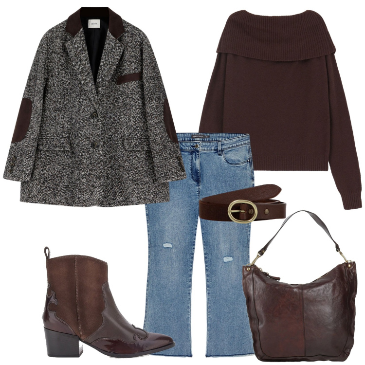 Outfit donna - Consigli marrone e grigio. Stile Trendy per Tutti i giorni. Abbinamento con borse a spalla, maglieria, blazer, cinture, stivaletti texani, jeans strappati.
