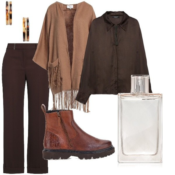 Outfit donna - Sfumature di colore. Stile Casual chic per Serata fuori. Abbinamento con cardigans, pantaloni, profumi, orecchini, stivaletti, camicie.
