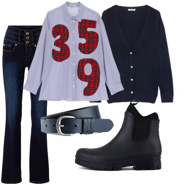 Outfit donna - Total look #2061960. Stile Minimal per Tutti i giorni. Abbinamento con cinture, jeans bootcut, camicie, stivali, cardigans.