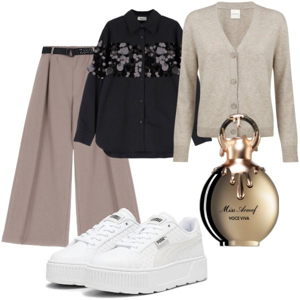 Outfit donna - A spasso per la città. Stile Glamour per Tutti i giorni. Abbinamento con profumi, pantaloni, camicie, cardigans, sneakers.