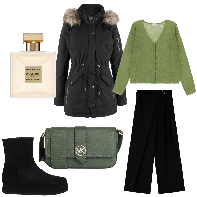 Outfit donna - Total look #2061963. per Tutti i giorni. Abbinamento con parka, borse a tracolla, stivaletti, profumi, pantaloni a palazzo, cardigans.