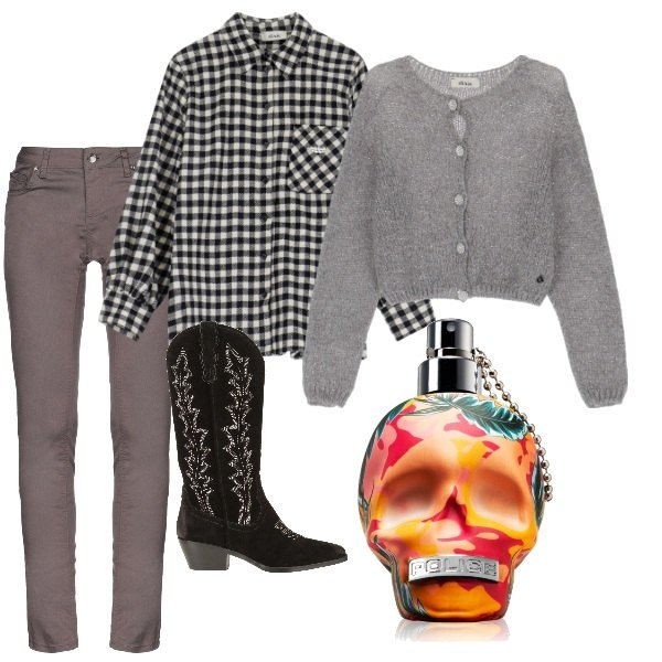 Outfit donna - A spasso per la città. Stile Trendy per Tutti i giorni. Abbinamento con pantaloni skinny, stivali, profumi, cardigans, camicie.