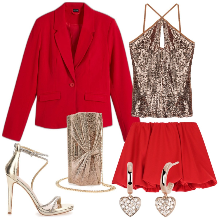 Outfit donna - S. Valentino. Stile Sexy per Serata fuori. Abbinamento con blazer, orecchini, minigonne, top, sandali col tacco, pochette.