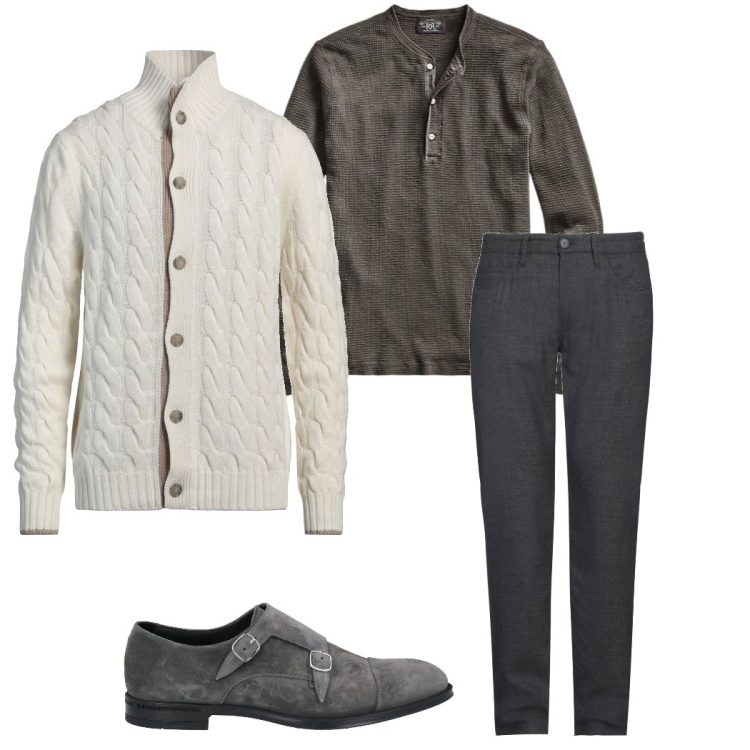 Outfit uomo - Scarpe che parlano di te. Stile Trendy per Serata speciale. Abbinamento con cardigans, pantaloni, scarpe stringate, t-shirt.