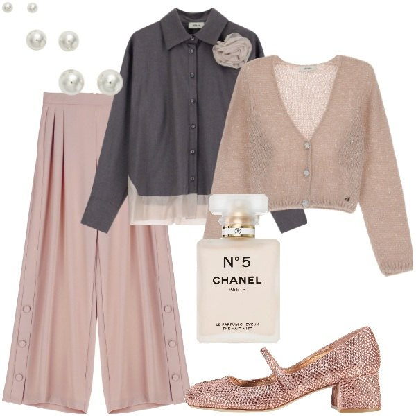 Outfit donna - Serata fuori. Stile Glamour per Serata fuori. Abbinamento con décolleté, profumi, pantaloni, orecchini, camicie, cardigans.