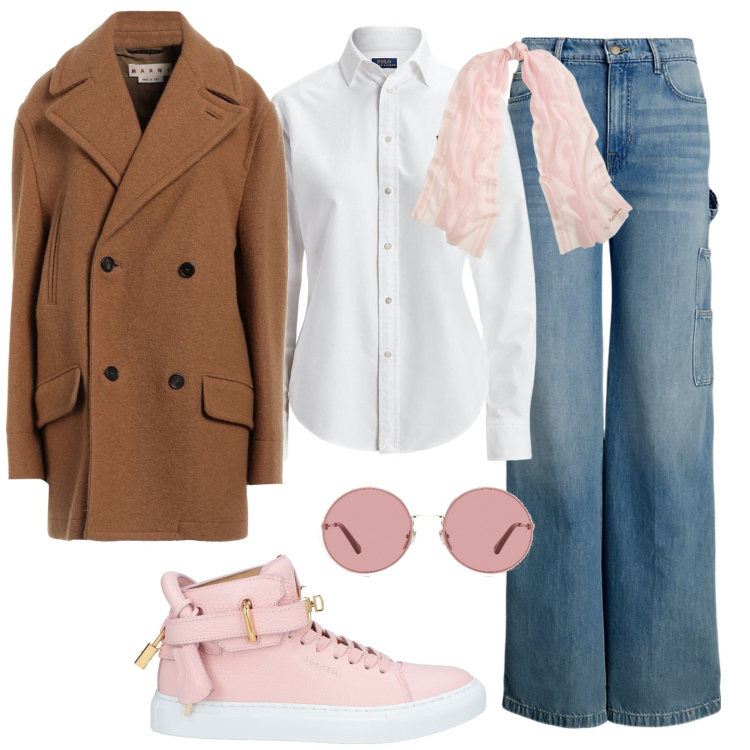 Outfit donna - Uscire senza il nero. Stile Casual per Tutti i giorni. Abbinamento con cappotti, sneakers alte, occhiali da sole, camicie, sciarpe, jeans.