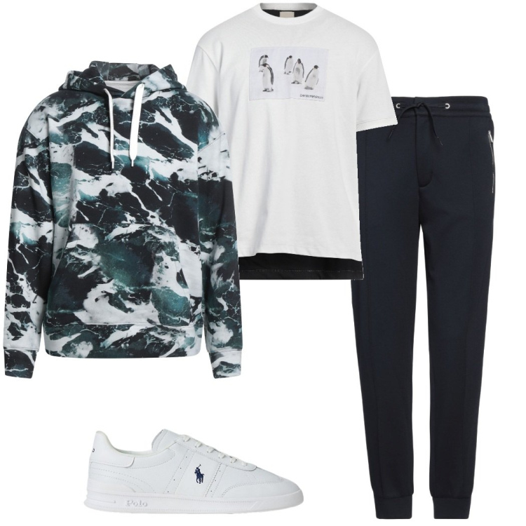 Outfit uomo - Pattern geometrici. Stile Casual per Sport. Abbinamento con felpe con cappuccio, pantaloni sportivi, t-shirt, sneakers.