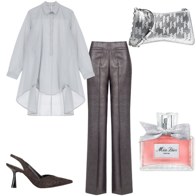 Outfit donna - Camicia oversize. Stile Chic per Serata fuori. Abbinamento con décolleté, borse a tracolla, profumi, pantaloni, camicie.
