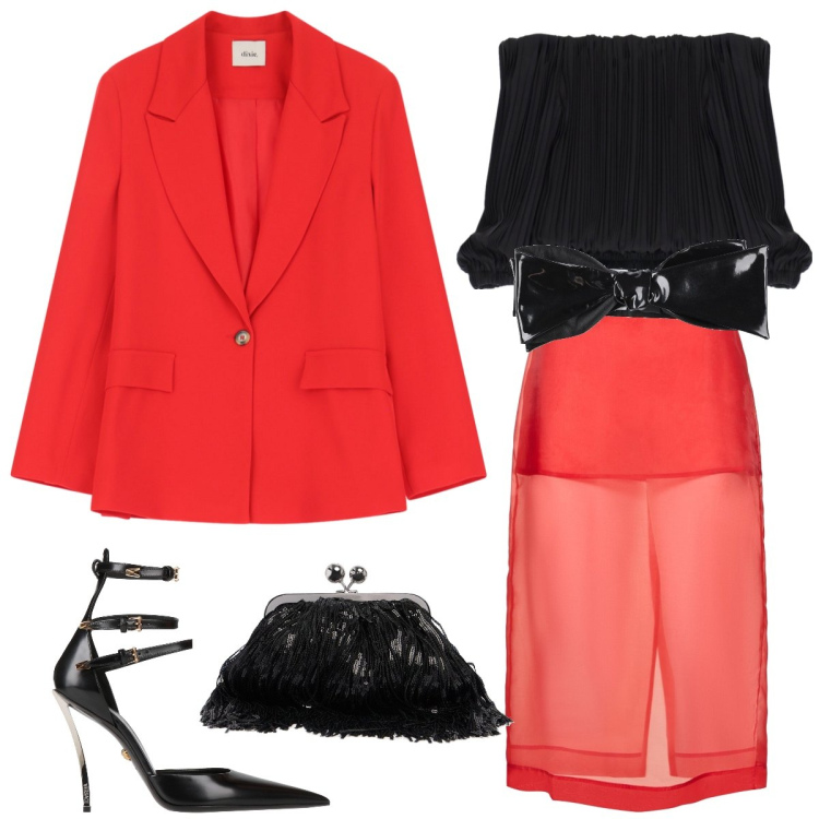 Outfit donna - S. Valentino. Stile Chic per Serata fuori. Abbinamento con cinture, décolleté, top, blazer, gonne longuette, pochette.